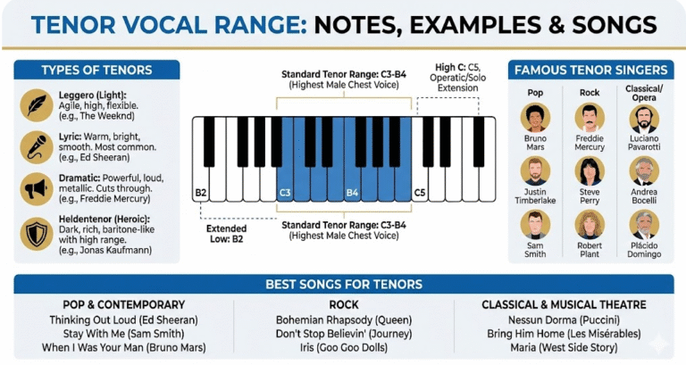 Tenor Vocal Range: C3–C5 Notes, Hz & Famous Tenors [Free Test]